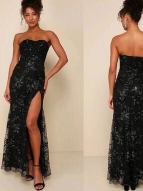 Lulu's Strapless Black Floral Lace Evening Gown with High Slit